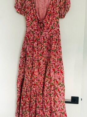 Banjanan Rose-Pink Floral Maxi Dress with Green Leaf Print